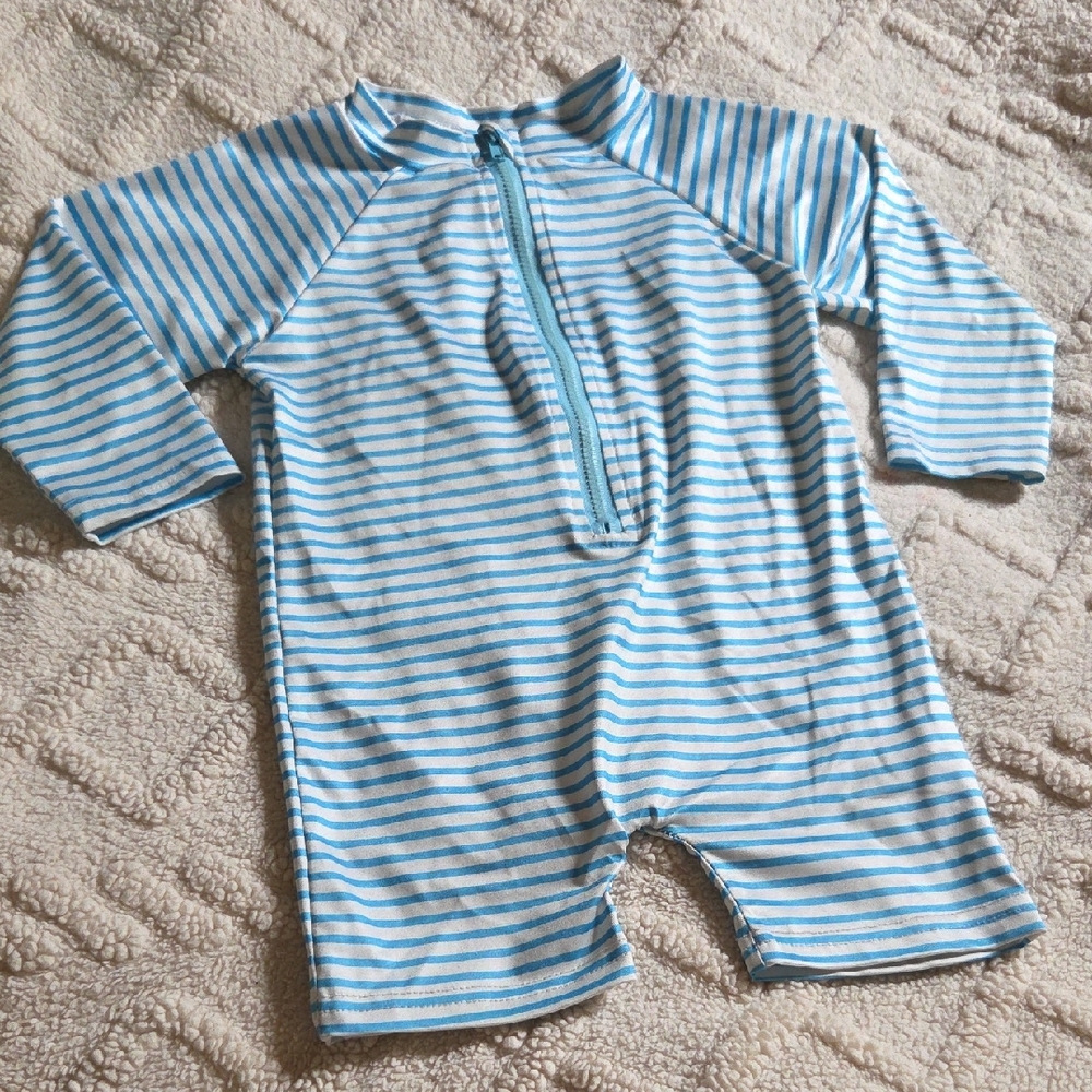 Blue & White Striped Baby Rash Guard Romper